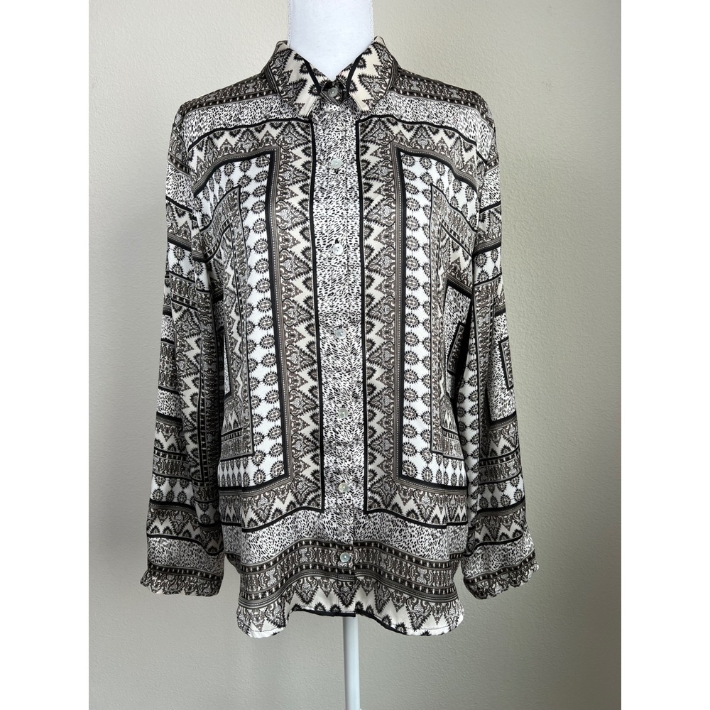 Chicos 2 Border Print Button Up Scarf Blouse Sz L Neutral Career Shirt Old Money